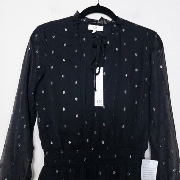 NWT NSR Emma Long Sleeve Ruffle Trim Smocked Mini Dress S Black Clip Dot - Picture 5 of 8